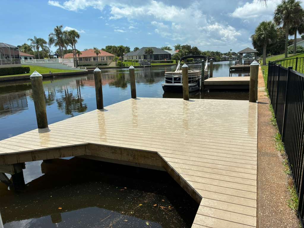 New dock and deck construction on a Palm Coast canal